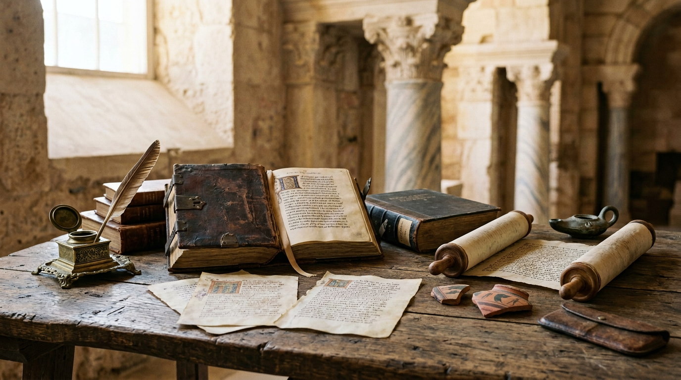 Ancient manuscripts, books, scrolls, quill, and writing tools on a wooden table
